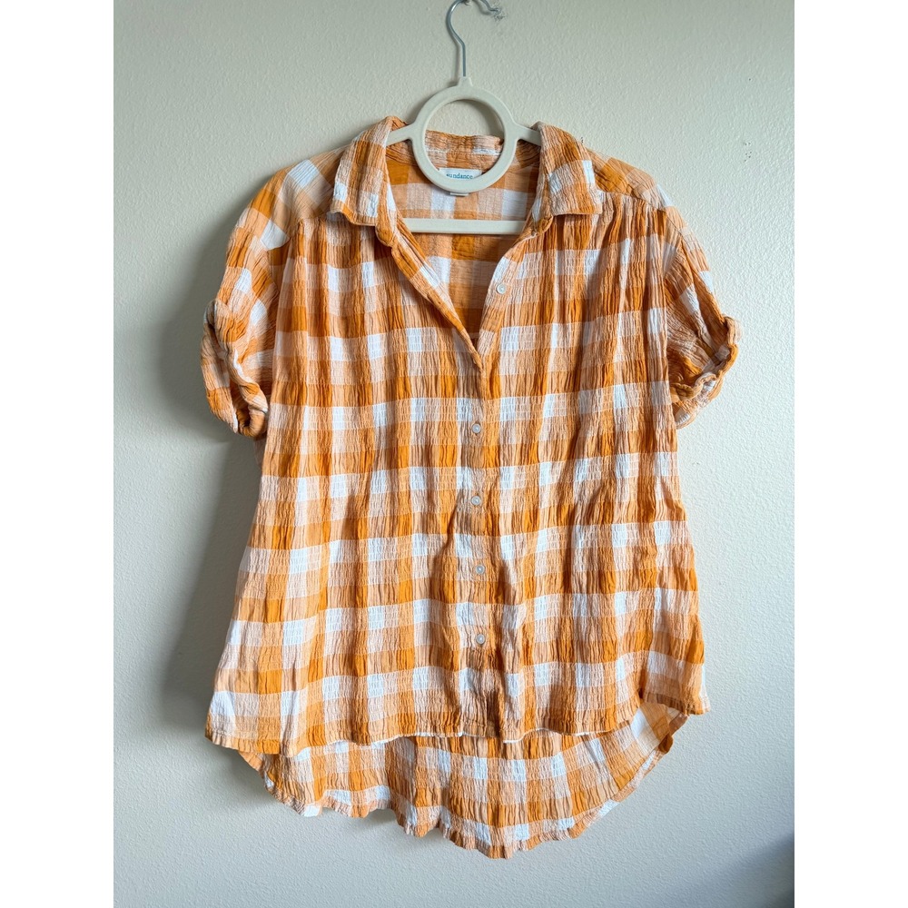 Sundance‎ Plaid Gauze Button Up Shirt Orange White Women's Size S